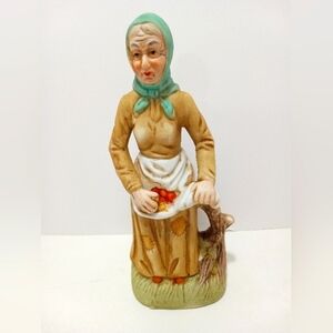 Old Lady in Apron Figurine Picking Fruit Vintage